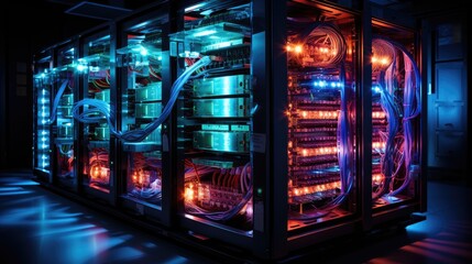 Image of a server rack with illuminated optical cables coming out of the equipment.