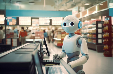 Fototapeta na wymiar A white cute humanoid robot works at the cash register in a supermarket. The future concept. AI generated.