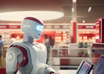 White humanoid robot works at the cash register in a supermarket. The future concept. AI generated - obrazy, fototapety, plakaty