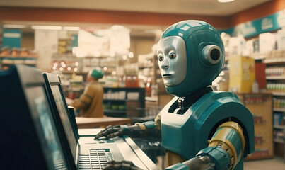 Fototapeta premium Green humanoid robot works at the cash register in a supermarket. The future concept. AI generated