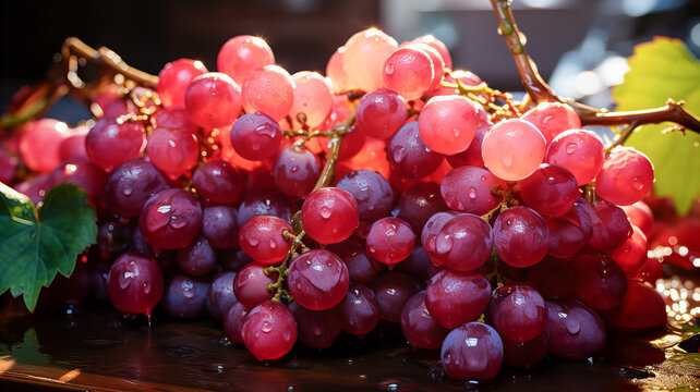 A bunch of fresh wet red grapes illuminated by a ray of sun lies on a dark wet surface. Generative AI technology.