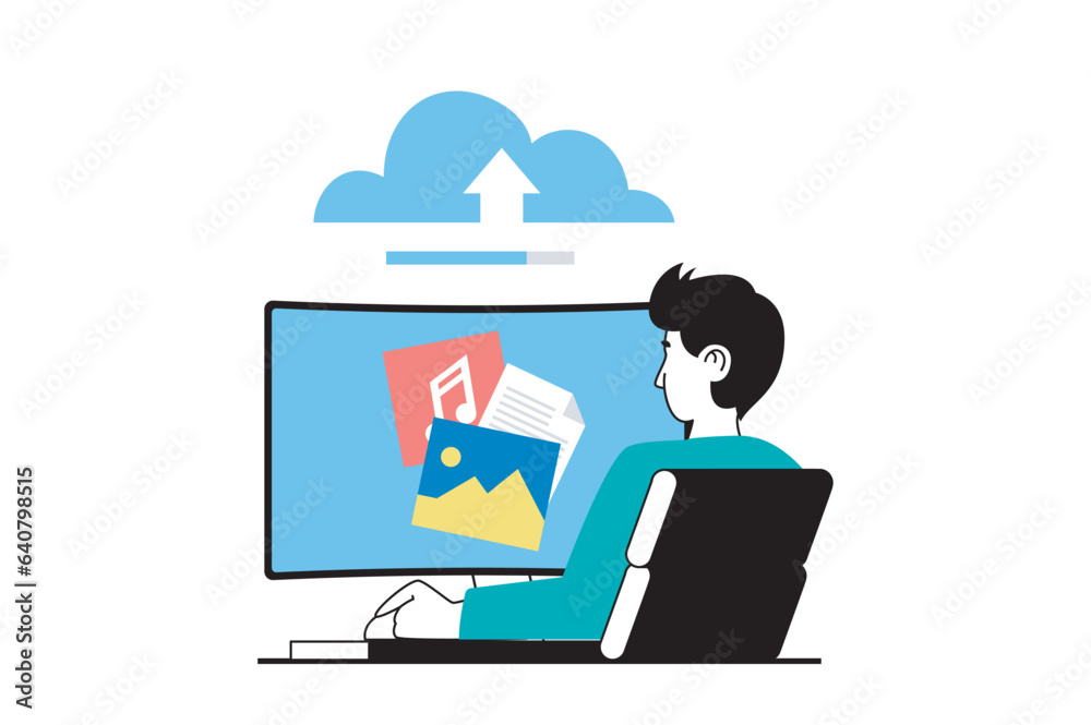 Poster Cloud computing concept with people scene in flat web design. Man upload different files and digital content to online storage service. Vector illustration for social media banner, marketing material.