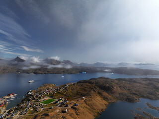 aerial view of arctic ocean in Taliisaq village of Greenland