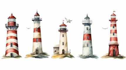 Photo of lighthouses standing on a sandy beach
