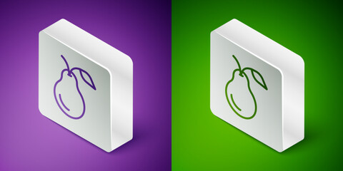 Isometric line Pear icon isolated on purple and green background. Fruit with leaf symbol. Silver square button. Vector