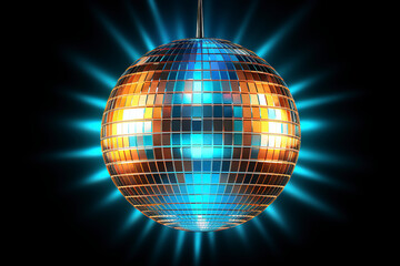 Disco ball. Bright glowing disco ball. Night Club party light element. Mirror ball with multi-colored reflections in night club, generative ai