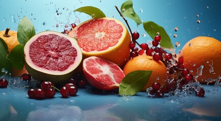 delicious colored fruits on colored background, wallpaper of fruits, sliced fruits on abstract background, fruits background