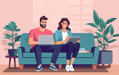 Fototapeta premium young couple sitting on couch and using laptop at home, in the style of hd mod, joyful and optimistic.