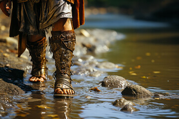 Dramatic close-up of a Roman soldier's feet traversing Rubicon river waters, vividly recapturing the historical moment for Caesar's crossing.