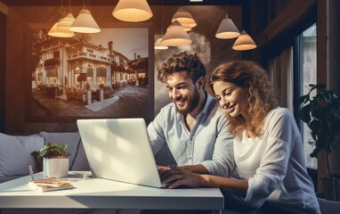young couple sitting on couch and using laptop at home, in the style of hd mod, joyful and optimistic.