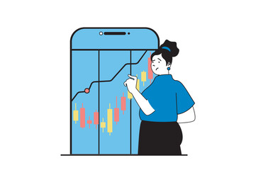Crisis management concept with people scene in flat web design. Woman monitoring and analysing chart with falling arrow at mobile app. Vector illustration for social media banner, marketing material.