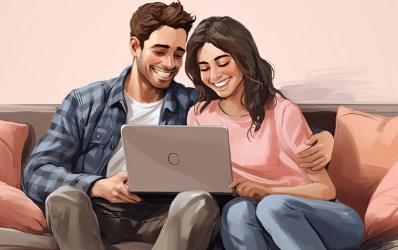 Young Couple Sitting On Couch And Using Laptop At Home, In The Style Of Hd Mod, Joyful And Optimistic.