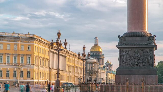 At sunset, Saint Petersburg's largest cathedral, Saint Isaac's Cathedral, from Palace Square in this captivating timelapse. Completed in 1858, it stands as a city landmark. Dramatic clouds