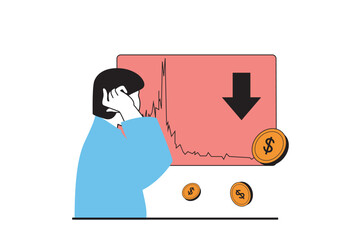 Crisis management concept with people scene in flat web design. Upset man analyzes falling economic trend chart and company debts. Vector illustration for social media banner, marketing material.