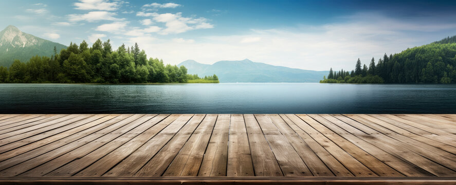 Empty rustic old wooden boards table copy space with calm lake or sea bay in background. Fishing product display template. Generative AI