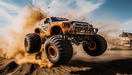 Photo of a monster truck soaring through the air during an adrenaline-pumping stunt