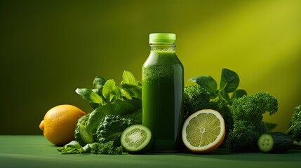  a bottle of green juice surrounded by fruits and vegetables on a table.  generative ai - obrazy, fototapety, plakaty
