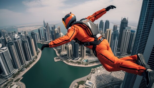 Photo of a man in an orange suit flying above a cityscape with a parachute