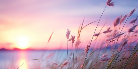 AI Generated. AI Generative. Pink and purple grass stem on lake sea water background. Soft pastel colors background. Graphic Art