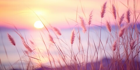 AI Generated. AI Generative. Pink and purple grass stem on lake sea water background. Soft pastel colors background. Lovely relax romantic vibe decoration