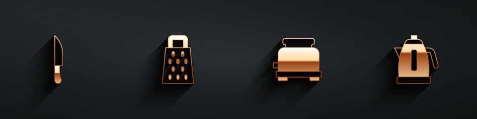 Set Knife, Grater, Toaster and Electric kettle icon with long shadow. Vector