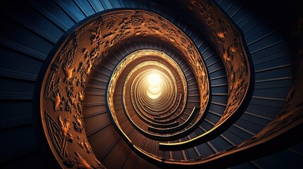  a spiral staircase in a building with a bright light at the end.  generative ai