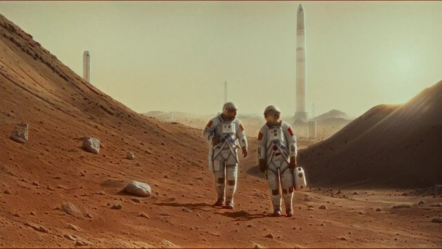 Neural network generated shot of astronaut holding suitcase with equipment and his colleague walking along desert and discussing their workNeural network generated shot of astronaut holding suitcase w