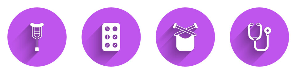 Set Crutch or crutches, Pills in blister pack, Knitting and Stethoscope icon with long shadow. Vector