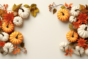 Flat lay Thanksgiving and Autumn decoration concept made from autumn leaves and pumpkin on white background