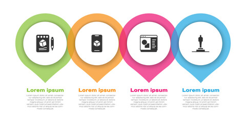 Set Sketch on paper, 3D printer software, and model. Business infographic template. Vector