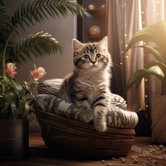 an adorable kitten comfortably perched on cat furniture beside a lush potted plant, all within a room adorned with a stunning interior design.