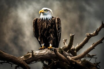 A majestic eagle perched atop a weathered tree branch, surveying its domain.
