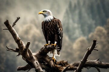A majestic eagle perched atop a weathered tree branch, surveying its domain.
