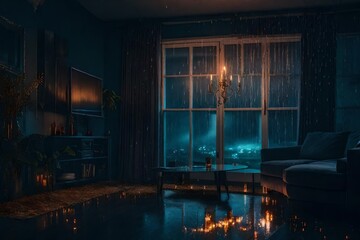 A vibrant cinematic photo in the apartment seeing at windows at rainy days - AI Generative