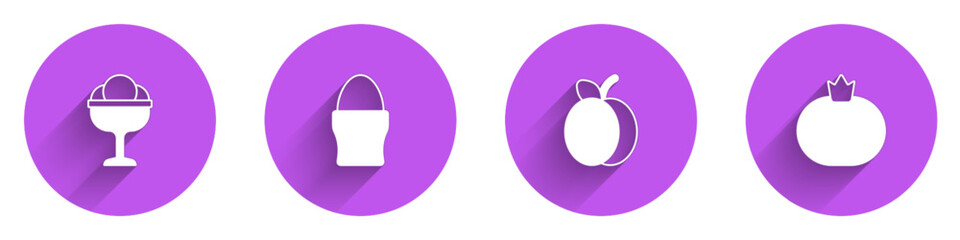 Set Ice cream in the bowl, Chicken egg on stand, Plum fruit and Tomato icon with long shadow. Vector