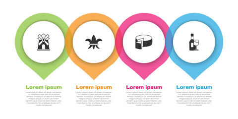 Set Windmill, Fleur De Lys, Cheese and Wine bottle with glass. Business infographic template. Vector © Vadim