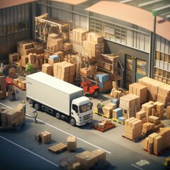 the exterior of a bustling logistics warehouse with its door wide open. A delivery van, heavily loaded with neatly stacked cardboard boxes, stands adjacent to a waiting truck.