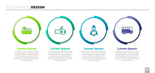 Set Oil tanker ship, Submarine, Rocket and Bus. Business infographic template. Vector