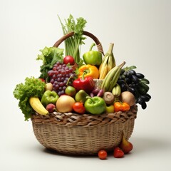 An adorable wicker basket filled with a colorful assortment of organic vegetables and fruits neatly arranged on a clean white background.