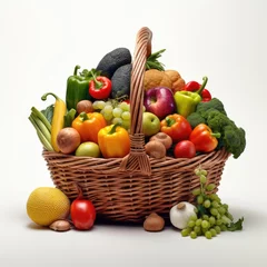 Foto op Plexiglas An adorable wicker basket filled with a colorful assortment of organic vegetables and fruits neatly arranged on a clean white background. © lililia