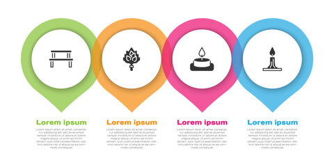 Set Sauna wood bench, broom, Aroma candle and Burning. Business infographic template. Vector