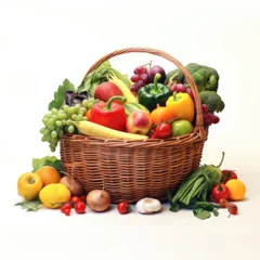 Foto op Plexiglas An adorable wicker basket filled with a colorful assortment of organic vegetables and fruits neatly arranged on a clean white background. © lililia