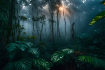 Fototapeta premium an image of a jungle at dawn, shrouded in mist - AI Generative