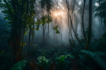 an image of a jungle at dawn, shrouded in mist - AI Generative