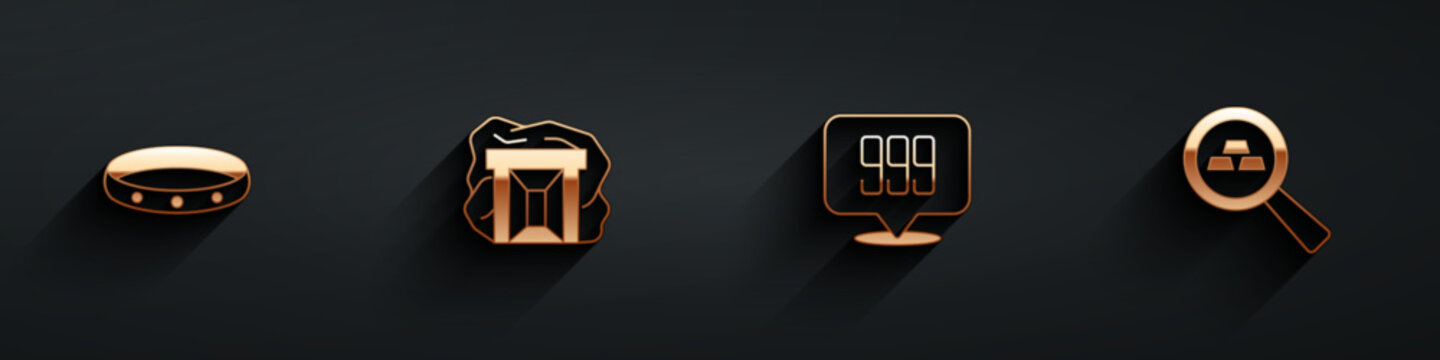 Set Gold ring, mine, bars 24k and icon with long shadow. Vector