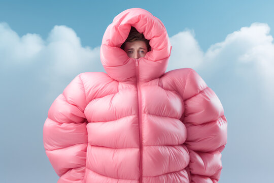 Young man wearing pink winter jacket