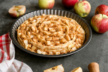 Cooking with ingredients an apple strudel. Fall pastry food.