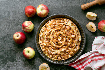 Ingredients and cooking an apple strudel. Fall pastry food. top view