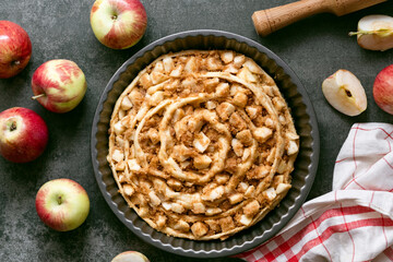 Cooking with ingredients an apple strudel. Fall pastry food. top view.