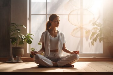 Indoor yoga lifestyle. Adult woman model in white. Yoga. wellness - obrazy, fototapety, plakaty